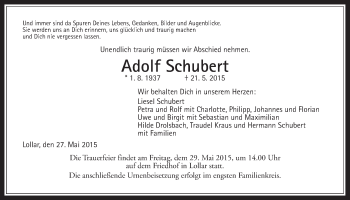 Traueranzeige von Adolf Schubert von Gießener Allgemeine, Alsfelder Allgemeine