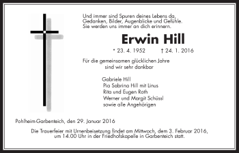 Traueranzeige von Erwin Hill von Gießener Allgemeine, Alsfelder Allgemeine