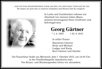 Traueranzeige von Georg Gärtner von Wetterauer Zeitung, Wetterauer Zeitung