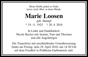 Traueranzeige von Marie Loosen von Gießener Allgemeine, Alsfelder Allgemeine