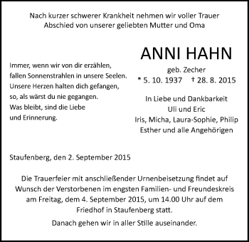 Traueranzeige von Anni Hahn von Gießener Allgemeine, Alsfelder Allgemeine