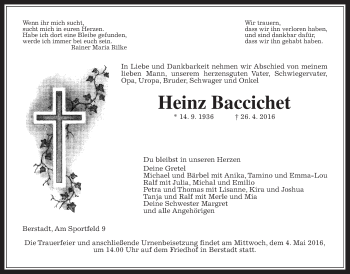 Traueranzeige von Heinz Baccichet von Wetterauer Zeitung, Wetterauer Zeitung