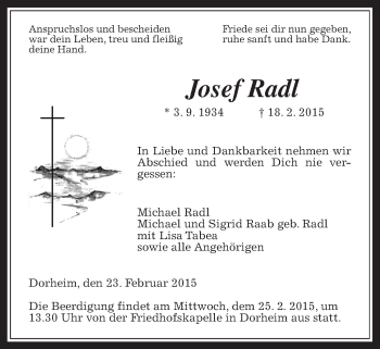 Traueranzeige von Josef Radl von Wetterauer Zeitung, Wetterauer Zeitung