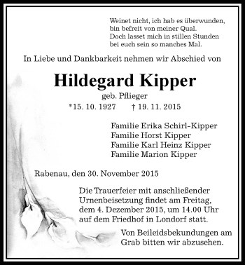 Traueranzeige von Hildegard Kipper von Gießener Allgemeine, Alsfelder Allgemeine