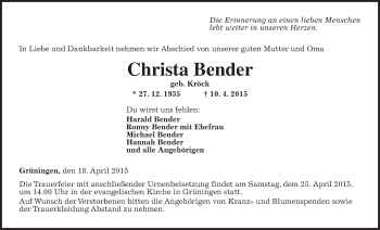 Traueranzeige von Christa Bender von Gießener Allgemeine, Alsfelder Allgemeine