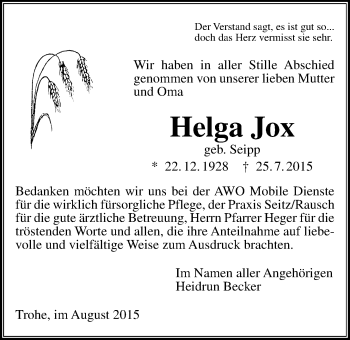 Traueranzeige von Helga Jox von Gießener Allgemeine, Alsfelder Allgemeine