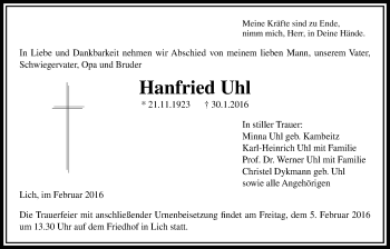 Traueranzeige von Hanfried Uhl von Licher Wochenblatt, Licher Wochenblatt, Licher Wochenblatt