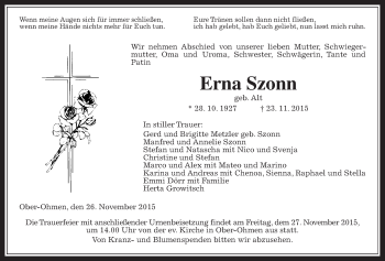 Traueranzeige von Erna Szonn von Alsfelder Allgemeine