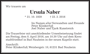 Traueranzeige von Ursula Naber von Gießener Allgemeine, Alsfelder Allgemeine, Wetterauer Zeitung, Wetterauer Zeitung