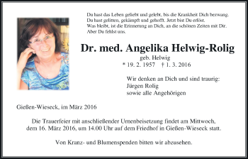 Traueranzeige von Angelika Helwig-Rolig von Gießener Allgemeine, Alsfelder Allgemeine