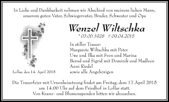Traueranzeige von Wenzel Wiltschka von Gießener Allgemeine, Alsfelder Allgemeine