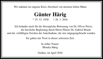 Traueranzeige von Günter Härig von Gießener Allgemeine, Alsfelder Allgemeine