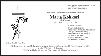 Traueranzeige von Maria Kokkori von Gießener Allgemeine, Alsfelder Allgemeine
