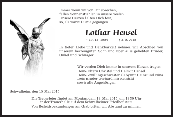 Traueranzeige von Lothar Hensel von Wetterauer Zeitung, Wetterauer Zeitung