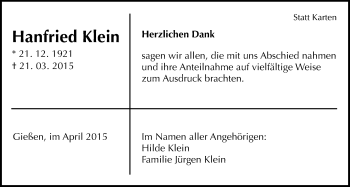 Traueranzeige von Hanfried Klein von Gießener Allgemeine, Alsfelder Allgemeine