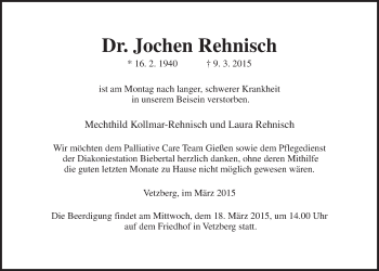 Traueranzeige von Jochen Rehnisch von Gießener Allgemeine, Alsfelder Allgemeine