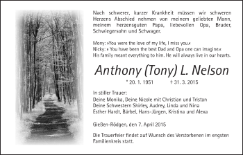 Traueranzeige von Anthony L. Nelson von Gießener Allgemeine, Alsfelder Allgemeine