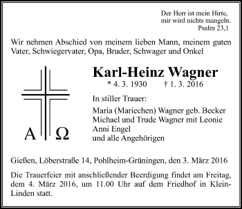 Traueranzeige von Karl-Heinz Wagner von Gießener Allgemeine, Alsfelder Allgemeine