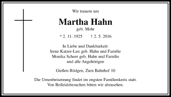Traueranzeige von Martha Hahn von Gießener Allgemeine, Alsfelder Allgemeine