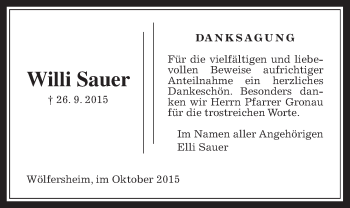 Traueranzeige von Willi Sauer von Wetterauer Zeitung, Wetterauer Zeitung