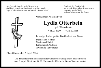 Traueranzeige von Lydia Otterbein von Alsfelder Allgemeine