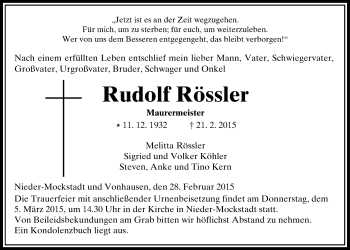 Traueranzeige von Rudolf Rössler von Wetterauer Zeitung, Wetterauer Zeitung