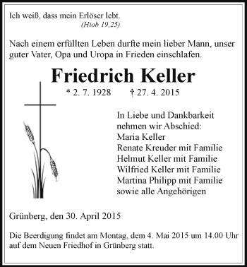 Traueranzeige von Friedrich Keller von Gießener Allgemeine, Alsfelder Allgemeine, Heimatzeitung Grünberg + Laubach, Laubacher Anzeiger