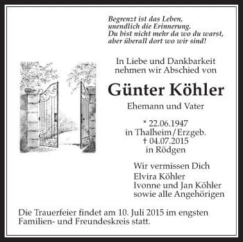 Traueranzeige von Günter Köhler von Gießener Allgemeine, Alsfelder Allgemeine