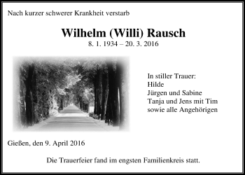Traueranzeige von Wilhelm Rausch von Gießener Allgemeine, Alsfelder Allgemeine