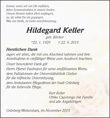 Traueranzeige von Hildegard Keller von Gießener Allgemeine, Alsfelder Allgemeine