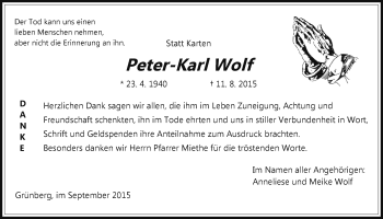 Traueranzeige von Peter-Karl Wolf von Gießener Allgemeine, Alsfelder Allgemeine
