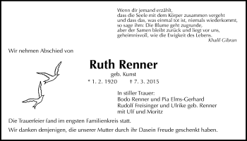 Traueranzeige von Ruth Renner von Gießener Allgemeine, Alsfelder Allgemeine
