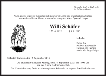 Traueranzeige von Willi Schäfer von Gießener Allgemeine, Alsfelder Allgemeine