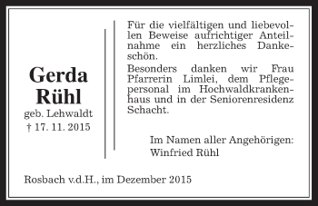 Traueranzeige von Gerda Rühl von Wetterauer Zeitung, Wetterauer Zeitung