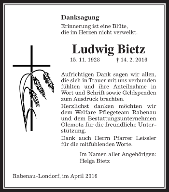 Traueranzeige von Ludwig Bietz von Rabenauer Zeitung