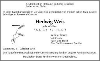 Traueranzeige von Hedwig Weis von Gießener Allgemeine, Alsfelder Allgemeine