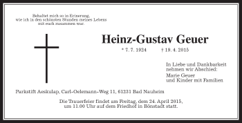 Traueranzeige von Heinz-Gustav Geuer von Wetterauer Zeitung, Wetterauer Zeitung