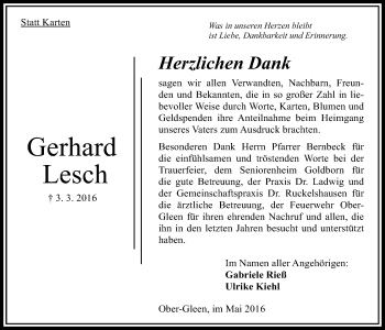 Traueranzeige von Gerhard Lesch von Alsfelder Allgemeine