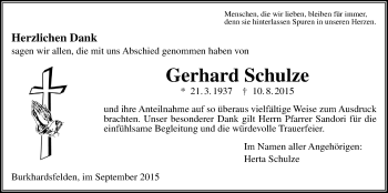 Traueranzeige von Gerhard Schulze von Gießener Allgemeine, Alsfelder Allgemeine