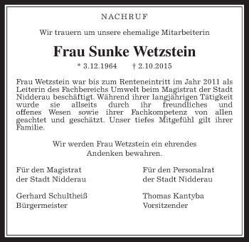 Traueranzeige von Sunke Wetzstein von Wetterauer Zeitung, Wetterauer Zeitung