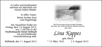 Traueranzeige von Lina Kappes von Wetterauer Zeitung, Wetterauer Zeitung
