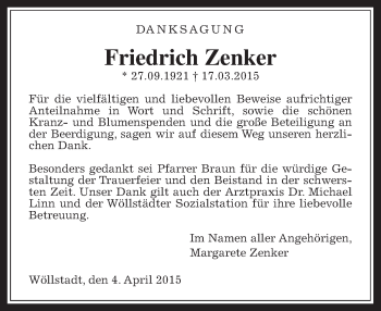 Traueranzeige von Friedrich Zenker von Wetterauer Zeitung, Wetterauer Zeitung