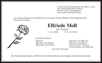 Traueranzeige von Elfriede Moll von Wetterauer Zeitung, Wetterauer Zeitung