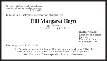 Traueranzeige von Elli Margaret Heyn von Gießener Allgemeine, Alsfelder Allgemeine
