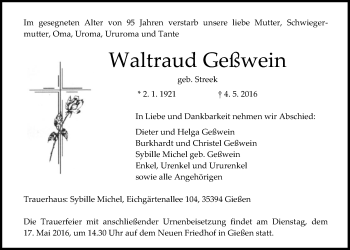 Traueranzeige von Waltraud Geßwein von Gießener Allgemeine, Alsfelder Allgemeine