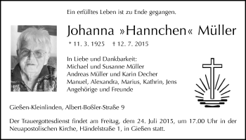Traueranzeige von Johanna Müller von Gießener Allgemeine, Alsfelder Allgemeine