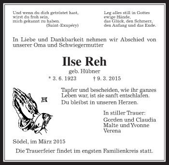 Traueranzeige von Ilse Reh von Wetterauer Zeitung, Wetterauer Zeitung
