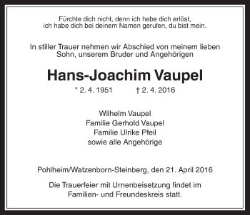 Traueranzeige von Hans-Joachim Vaupel von Gießener Allgemeine, Alsfelder Allgemeine