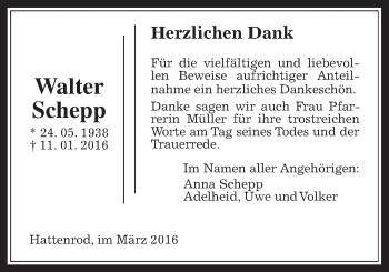 Traueranzeige von Walter Schepp von Gießener Allgemeine, Alsfelder Allgemeine