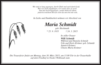 Traueranzeige von Maria Schmidt von Wetterauer Zeitung, Wetterauer Zeitung
